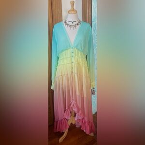 Chicwish Ombre Yellow to Pink Ruffled Button-Front Dress